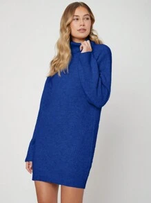 EURMUSE Solid Turtleneck Drop Shoulder Sweater Dress - Royal Blue - View 6