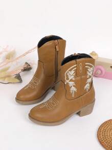 孩子們的靴子適合女孩,高幫,中幫,刺繡高跟鞋,西部牛仔靴子,尖頭,側拉鍊 - 棕色 - 查看 2