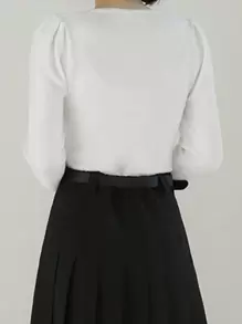 DAZY Unifarben Twist-Ausschnitt Ausschnitt Puffärmel Pullover Herbst - Weiss - Übersicht 7