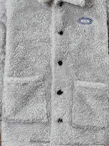 SHEIN 男大童字母補丁細節雙口袋落肩袖絨毛外套 - 灰色 - 查看 6