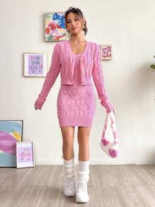 SHEIN Qutie Cable Knit Cardigan & Cami Sweater Dress - Dusty Pink - View 5
