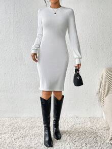 SHEIN Essnce 素色插肩袖緊身洋裝不附腰帶 - 白色 - 查看 4