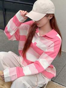 DAZY Striped Polo Neck Drop Shoulder Tee Long Sleeve Women Tops - Pink - View 6