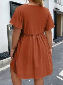 Vionelle Plus Button Front Flounce Sleeve Frill Trim Smock Dress - Rust Brown - View 2