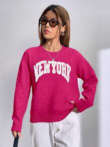 SHEIN Unity Letter Pattern Drop Shoulder Sweater - Hot Pink - View 5