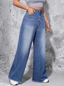 SHEIN 拉鏈門襟闊腿牛仔褲 - 淺色水洗藍 - 查看 7