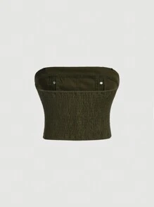 SHEIN MOD Button Detail Shirred Back Tube Top - Army Green - View 2
