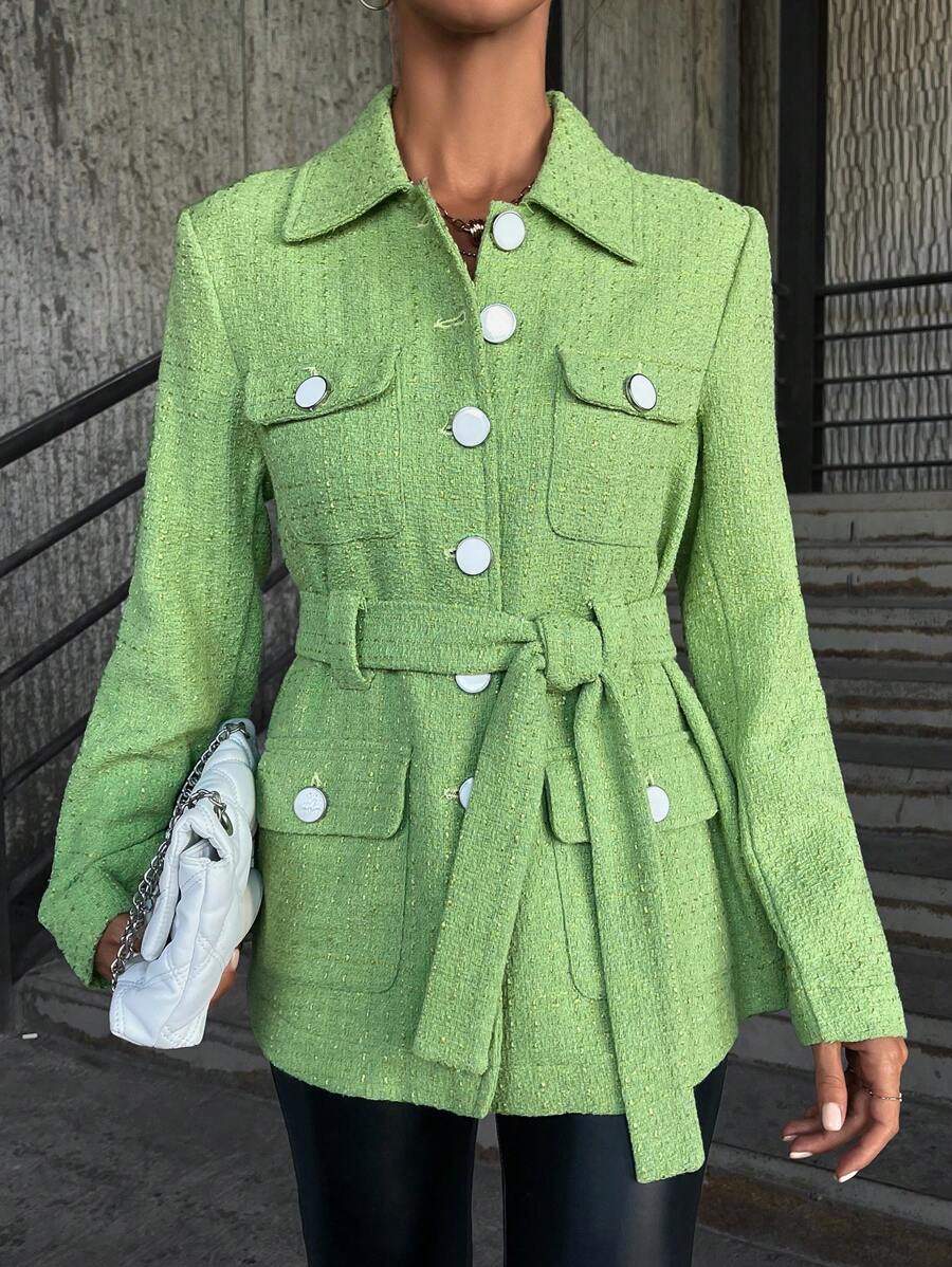 RueChic Flap Pocket Belted Coat - Green - View 1