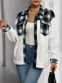 SHEIN Unity Plaid Print Drop Shoulder Flap Pocket Teddy Coat - Multicolor - View 4