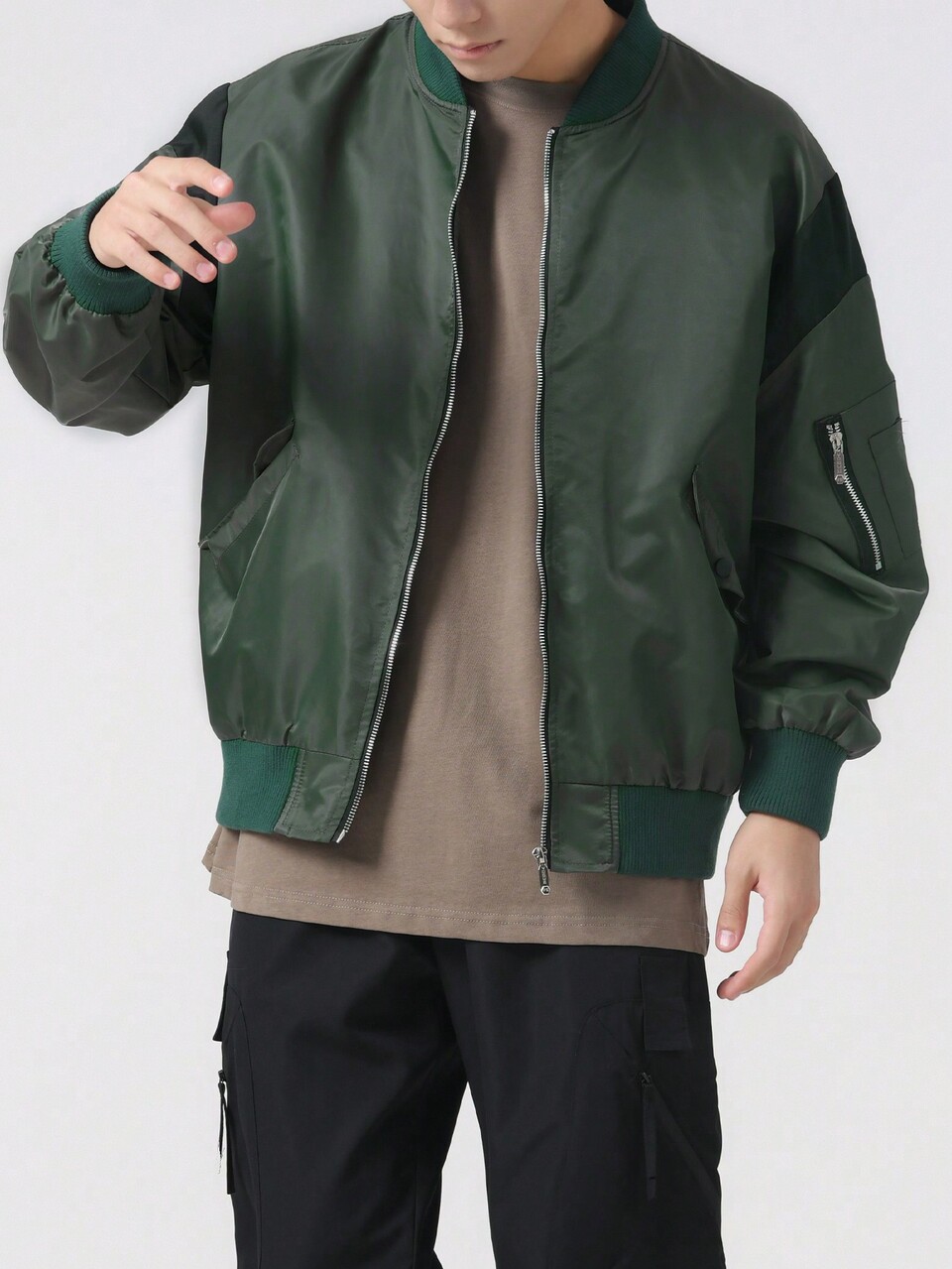 Loose Fit Men's Colorblock Zip Up Bomber Jacket