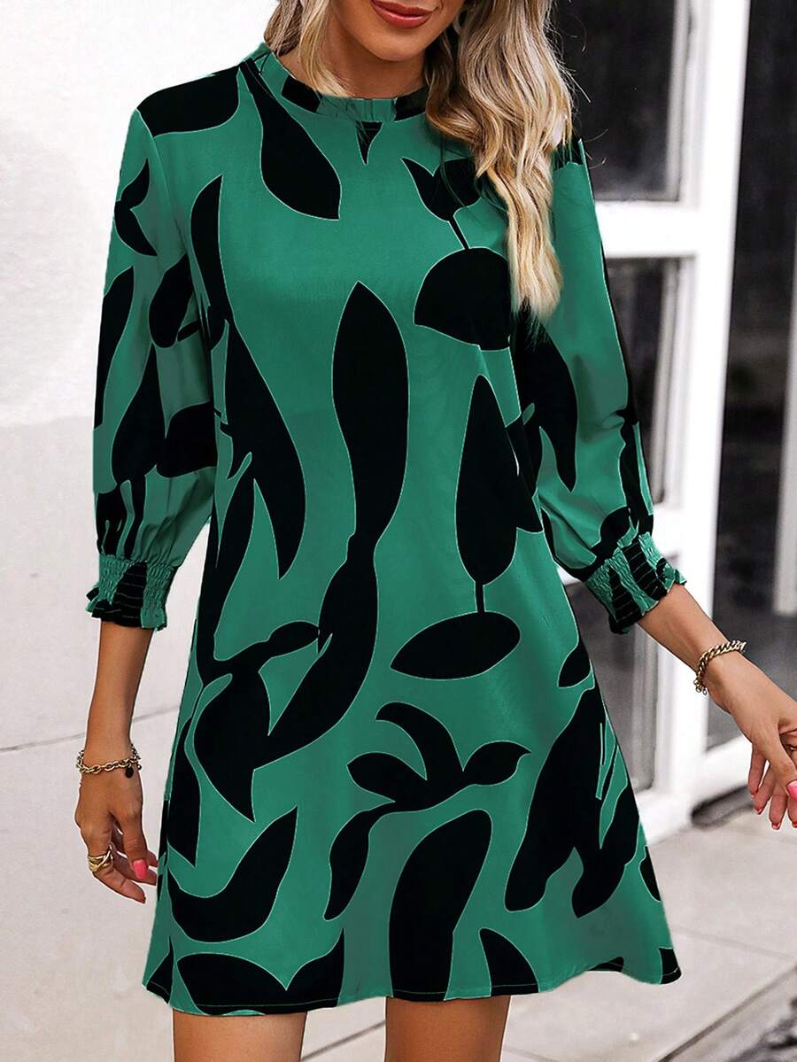 SHEIN Clasi Allover Print Lantern Sleeve Tunic Dress - Green - View 1