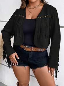 SHEIN LUNE 大碼流蘇邊開門襟短夾克 - 黑色 - 查看 3