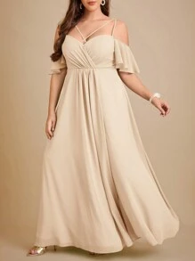 SHEIN Belle Plus Cold Shoulder Ruffle Trim Maxi Chiffon Bridesmaid Dress - Apricot - View 5