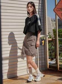 DAZY 字母圖案拼接側邊接縫插肩袖T恤 - 黑色 - 查看 6