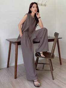 DAZY Solid Split Hem Tank Top & Wide Leg Pants - Purple - View 4