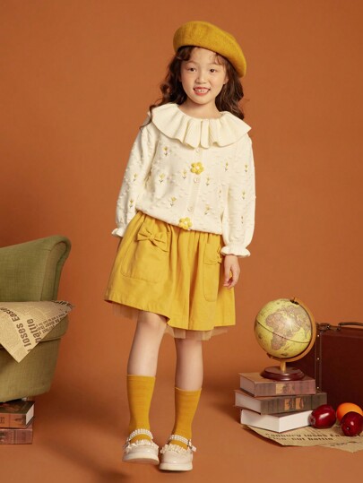 Tween Girl Floral Embroidery Peter Pan Collar Button Front Cardigan