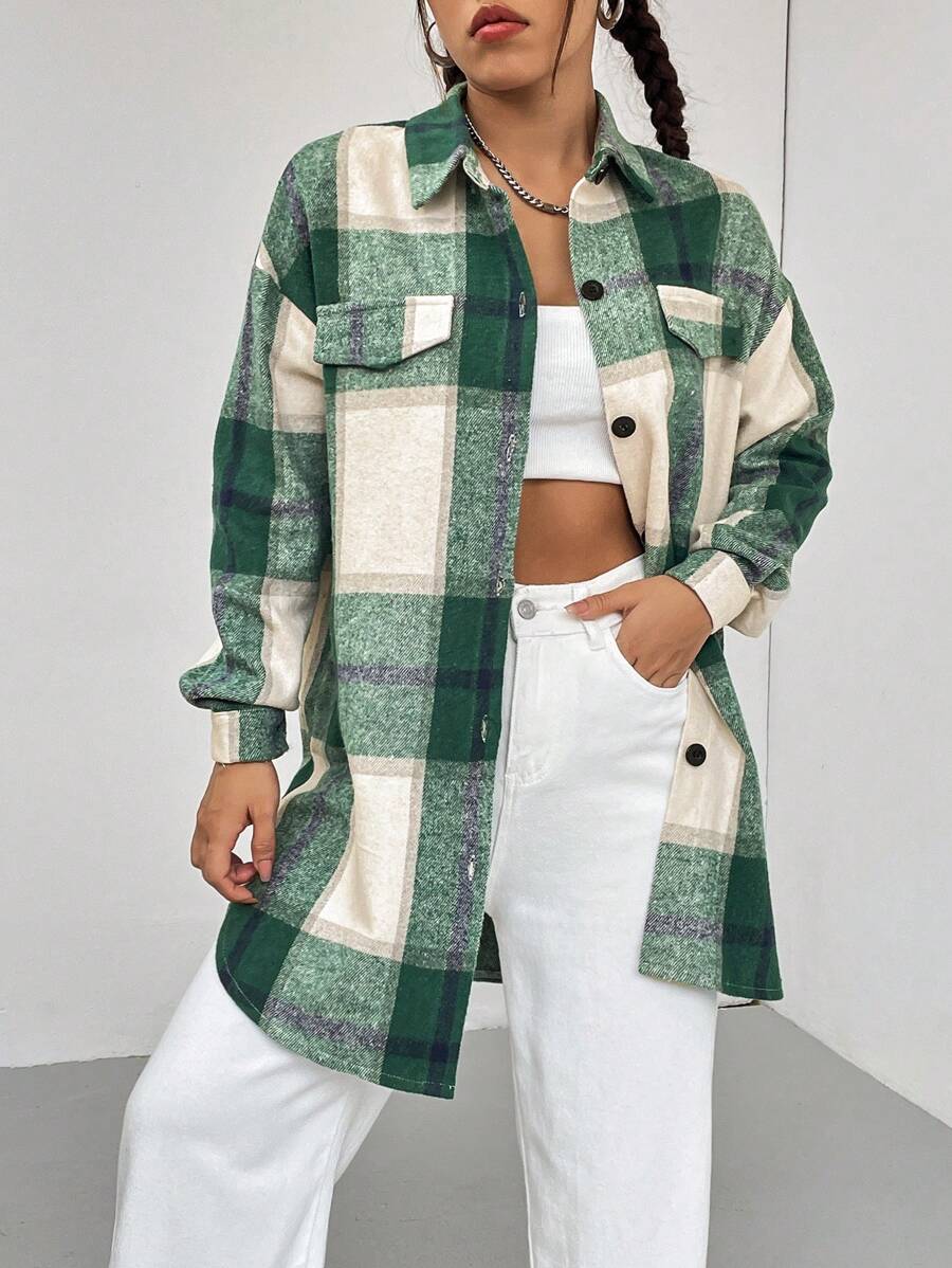 SHEIN Unity Plaid Print Drop Shoulder Flap Detail Overcoat - Green - View 1