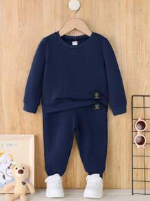 SHEIN 男嬰字母補丁細節衛衣和衛褲 - 寶藍色 - 查看 1