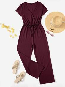 SHEIN LUNE 素色腰帶闊腿圍裹連身褲