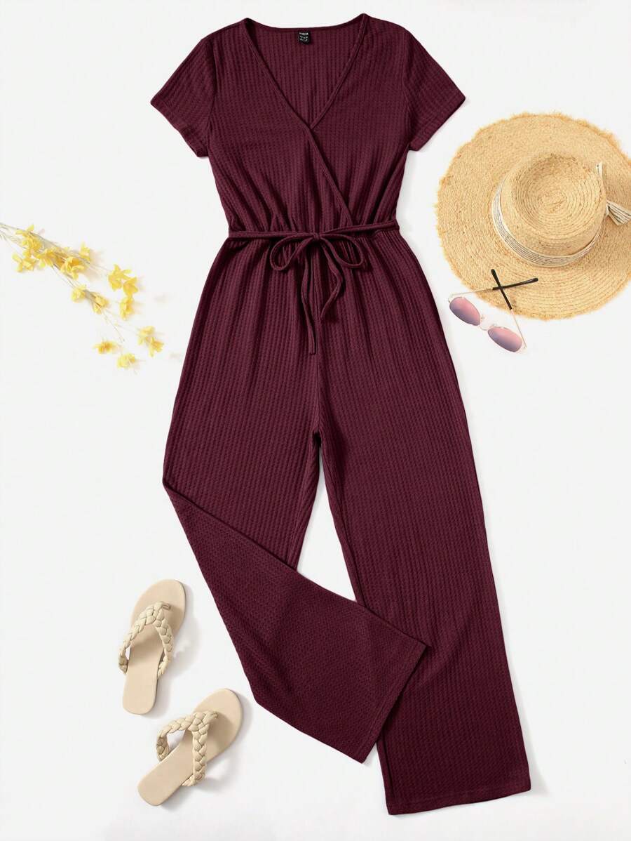 SHEIN LUNE 素色腰帶闊腿圍裹連身褲