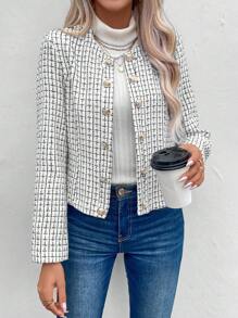 SHEIN LUNE Plaid Pattern Button Front Tweed Overcoat - Grey - View 6