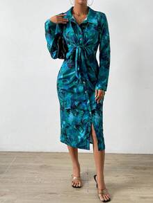 SHEIN VCAY 滿版印花腰帶襯衫洋裝 - 綠色 - 查看 4