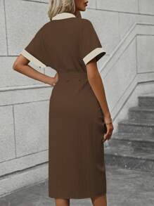 SHEIN Clasi 拼接邊蝙蝠袖腰帶襯衫洋裝 - 棕色 - 查看 2