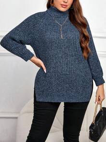 SHEIN Frenchy Plus Turtleneck Raglan Sleeve Sweater - Blue - View 4