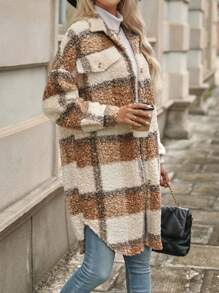 Chiquease Plaid Pattern Drop Shoulder Flap Detail Teddy Coat - Multicolor - View 5
