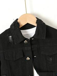 Young Boy Ripped Flap Pocket Denim Jacket Without Tee - Black - View 3
