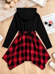 SHEIN Váy Tween Girl Kẻ Sọc & In Hoa Có Mũ Trùm Đầu Có Thắt Lưng Cho Giáng Sinh - Nhiều màu - Xem 2