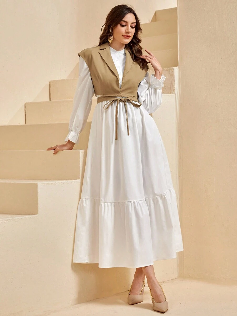 Seusyu 荷叶边下摆连衣裙和前系带背心夹克两件套 - 卡其色 - 查看 1