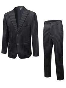 Manfinity Mode 男士細條紋印花單排釦西裝外套&西裝褲 - 黑色 - 查看 1