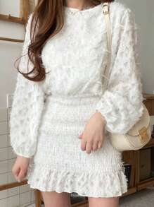 DAZY 纯色荷叶边下摆毛绒连衣裙，秋季连衣裙 - 白色 - 查看 1