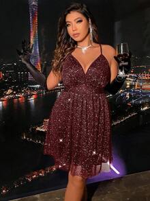 Plus Crisscross Backless Sequin Cami Dress - Burgundy - View 5