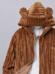 SHEIN Tween Boy 3D Ear Design Hooded Fleece Jacket - Brown - View 3