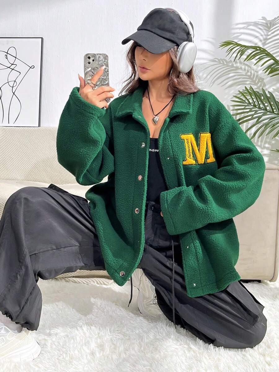 SHEIN Unity Thư được vá Thả vai Lót Teddy áo - Màu xanh lá cây đậm - Xem 1