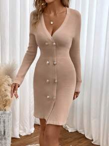 SHEIN Clasi Button Front Ribbed Knit Sweater Dress - Camel - View 4