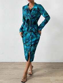 SHEIN VCAY 滿版印花腰帶襯衫洋裝 - 綠色 - 查看 6