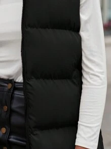 EURMUSE Solid Zip Up Hooded Vest Puffer Coat - Black - View 6