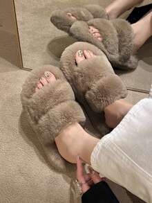 冬天濃烈香調韓語風格毛茸茸拖鞋,可愛簡單休閒室內戶外女性屋拖鞋 - 卡其色 - 查看 4