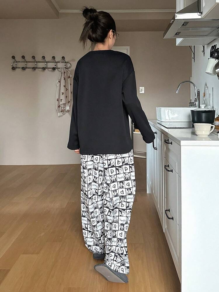 Cartoon Graphic Drop Shoulder Tee & Pants Pajama Set , Fall Winter Clothes