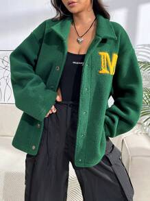 SHEIN Unity Thư được vá Thả vai Lót Teddy áo - Màu xanh lá cây đậm - Xem 6