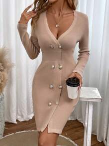 SHEIN Clasi Button Front Ribbed Knit Sweater Dress - Camel - View 5