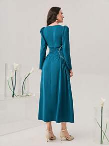 Modelyn Sweetheart Neck Puff Sleeve Ruched Front Formal  Dress - Teal Blue - View 2