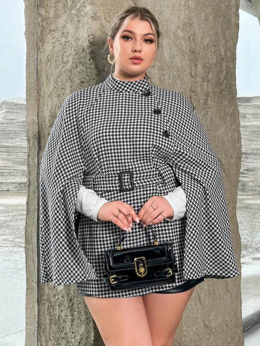 SHEIN Privé Hơn In Houndstooth áo tay cánh Thắt lưng áo - màu đen - Xem 1