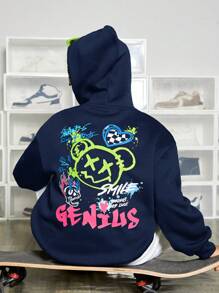SHEIN Tween Boy Bear & Slogan Graphic Sweatshirt - Navy Blue - View 1