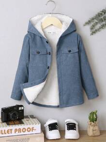 SHEIN 男小童翻蓋口袋毛絨內襯連帽襯衫無毛衣