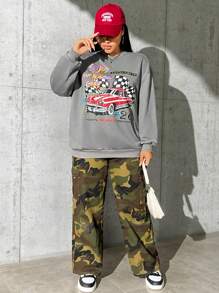 SHEIN EZwear Talla grande Sudadera con estampado de coche y letra de hombros caídos