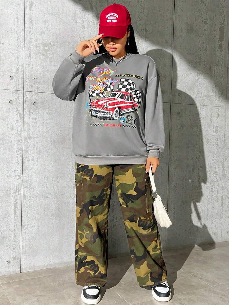 Plus Car & Letter Graphic Drop Shoulder Sweatshirt